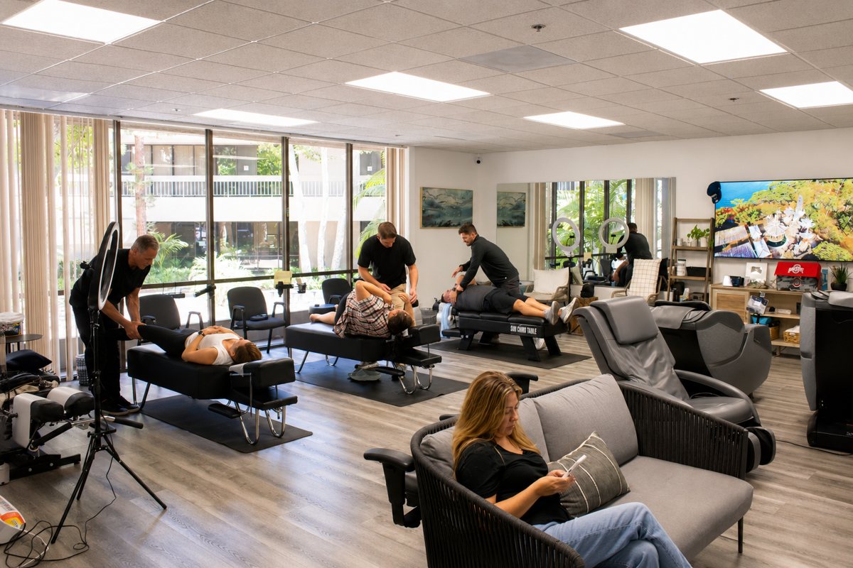 The OC Chiropractor open treatment floor with natural light and ocean artwork